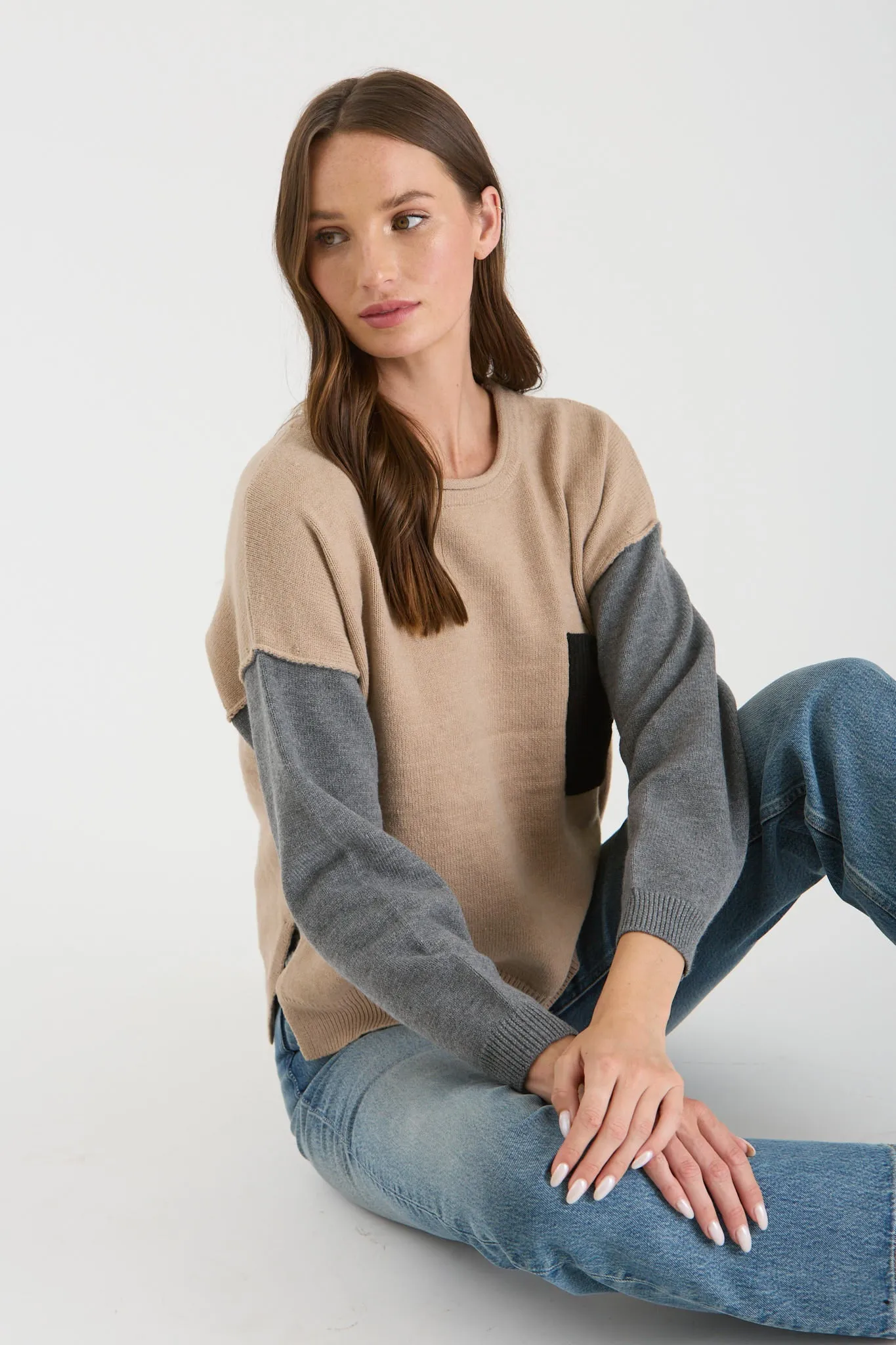 COLORBLOCK RAW EDGE LONG SLEEVE KNIT SWEATER sold by Blu Pepper product image thumbnail 4