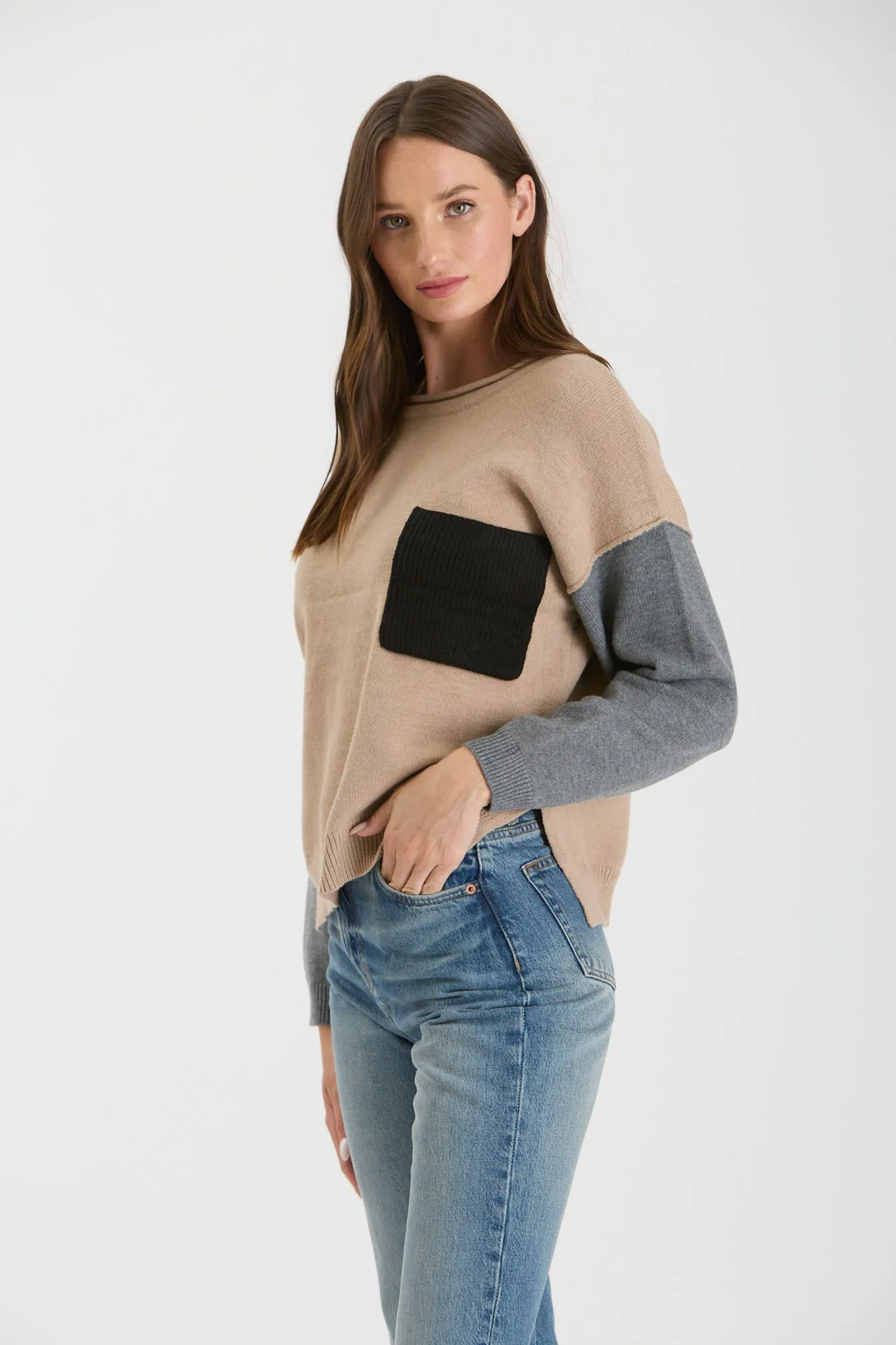 COLORBLOCK RAW EDGE LONG SLEEVE KNIT SWEATER sold by Blu Pepper product image thumbnail 3