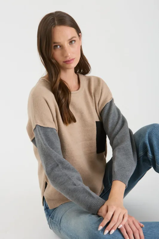 COLORBLOCK RAW EDGE LONG SLEEVE KNIT SWEATER sold by Blu Pepper