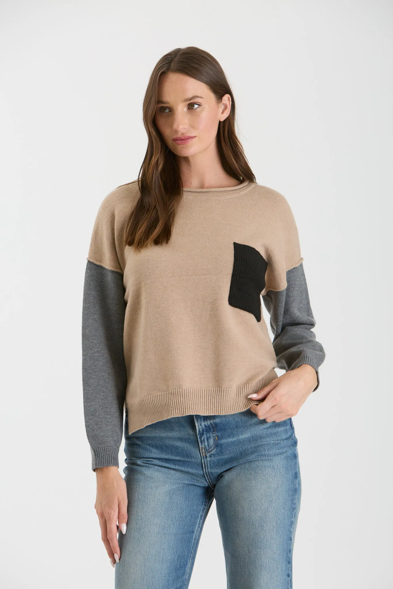 COLORBLOCK RAW EDGE LONG SLEEVE KNIT SWEATER sold by Blu Pepper product image thumbnail 5