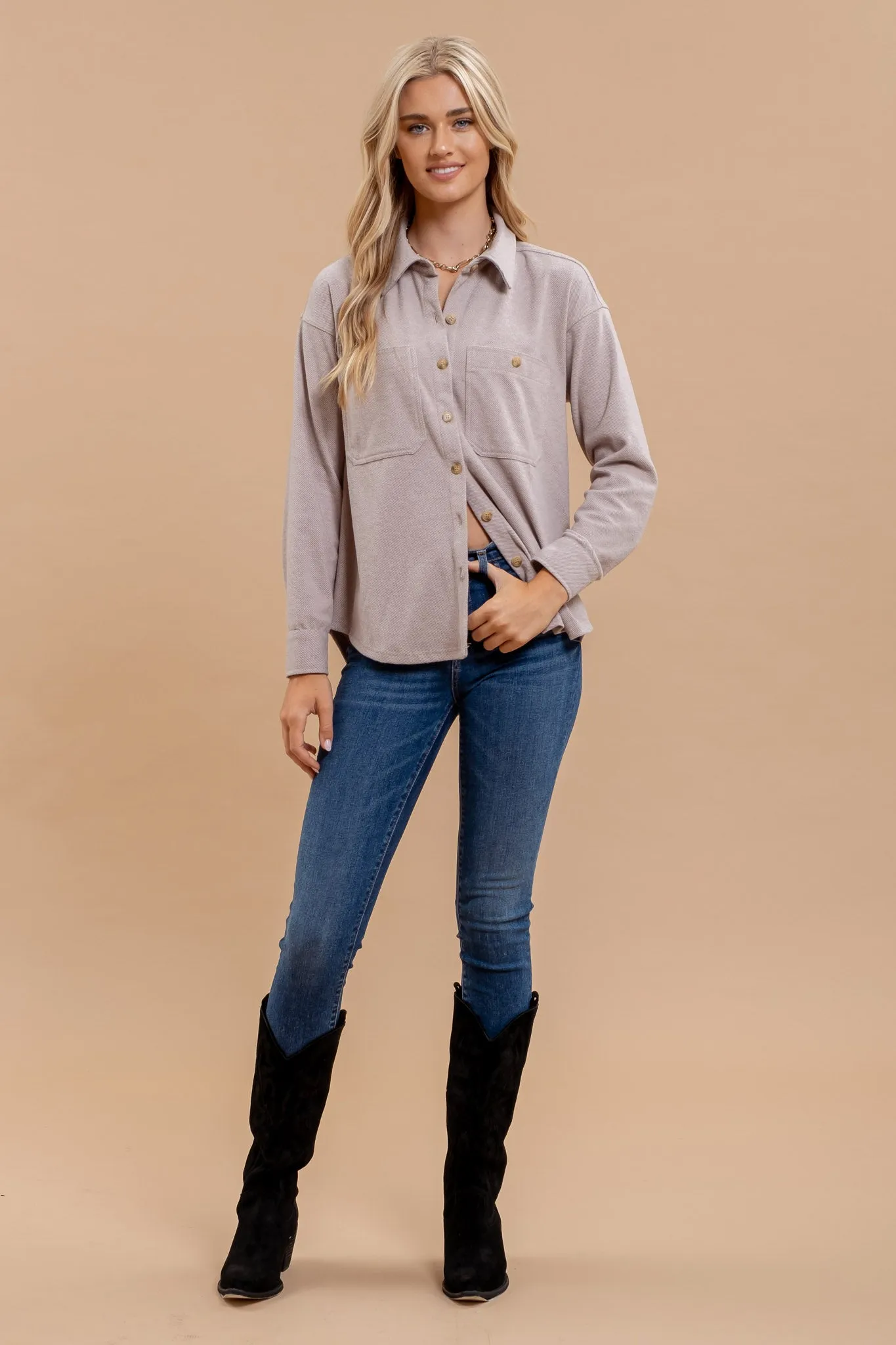 COLLARED BUTTON DOWN LONG SLEEVE SHACKET sold by Blu Pepper product image thumbnail 4