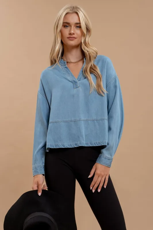 DENIM SPLIT NECK LONG SLEEVE SIDE SLIT TOP sold by Blu Pepper