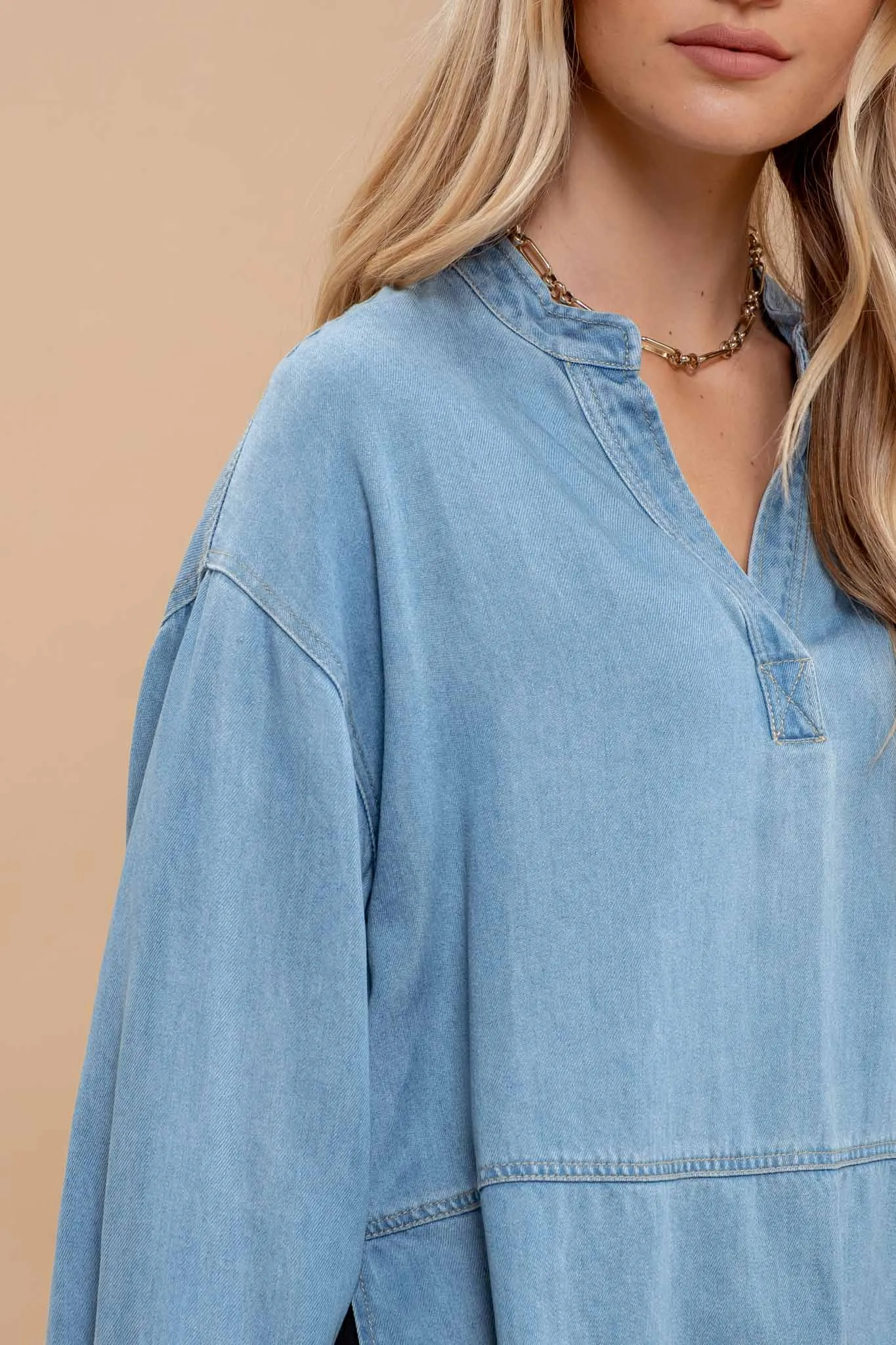 DENIM SPLIT NECK LONG SLEEVE SIDE SLIT TOP sold by Blu Pepper product image thumbnail 4
