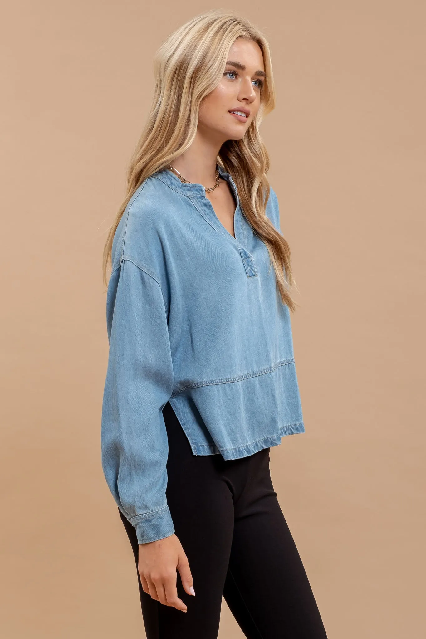 DENIM SPLIT NECK LONG SLEEVE SIDE SLIT TOP sold by Blu Pepper product image thumbnail 3