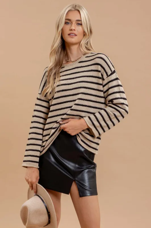 STRIPE BOAT NECK DROP SHOULDER KNIT SWEATER sold by Blu Pepper