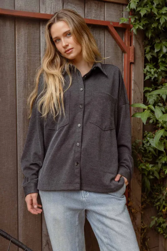 OVERSIZED PINSTRIPE COLLARED BUTTON DOWN SHACKET made by Blu Pepper