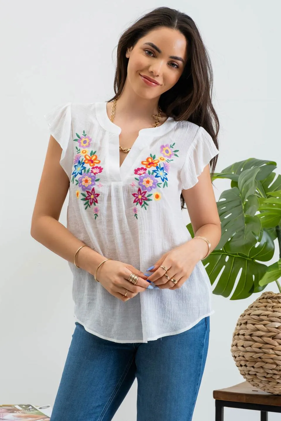 FLORAL EMBROIDERY SPLIT NECK BLOUSE sold by Blu Pepper product image thumbnail 5