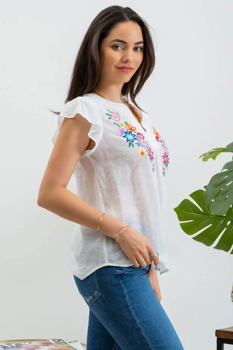 FLORAL EMBROIDERY SPLIT NECK BLOUSE sold by Blu Pepper product image thumbnail 3