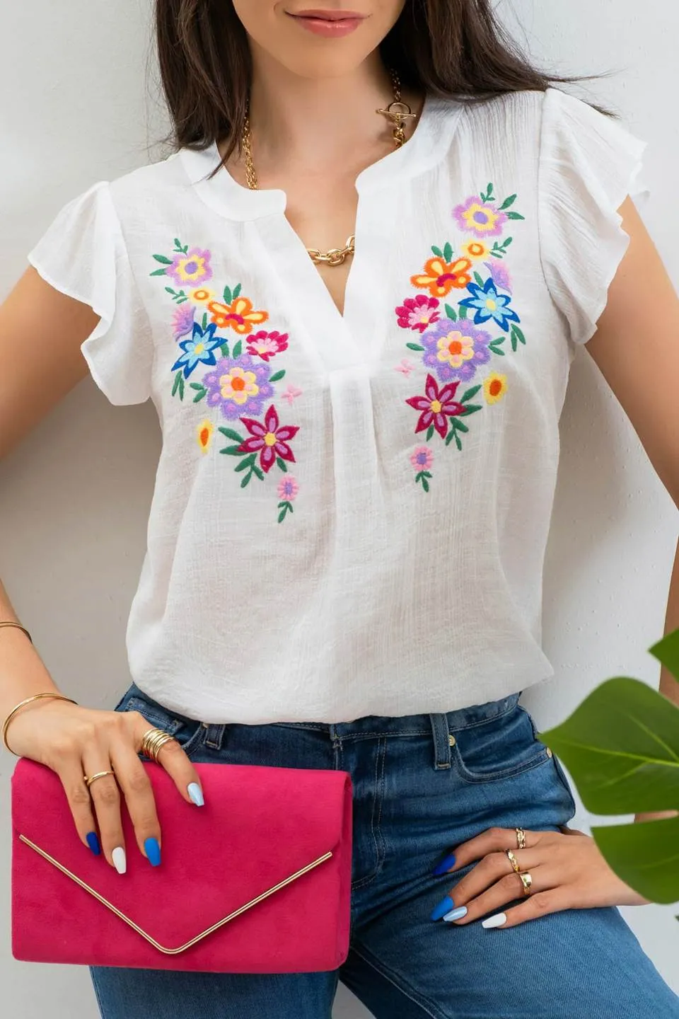 FLORAL EMBROIDERY SPLIT NECK BLOUSE sold by Blu Pepper