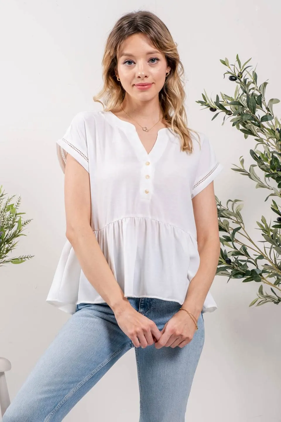 RUFFLE HEM SOLID WOVEN TOP sold by Blu Pepper product image thumbnail 3