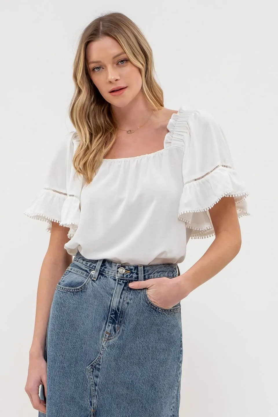POM POM RUFFLE SLEEVE BLOUSE sold by Blu Pepper product image thumbnail 4