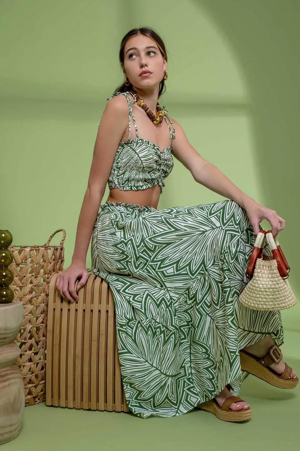 LEAF PRINT RUFFLE MIDI SKIRT sold by Blu Pepper