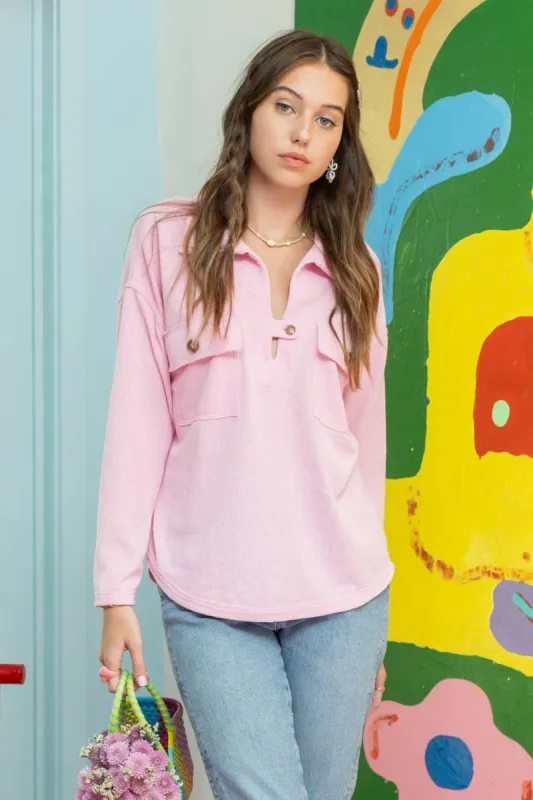 V NECK TAB BUTTON LONG SLEEVE KNIT TOP sold by Blu Pepper