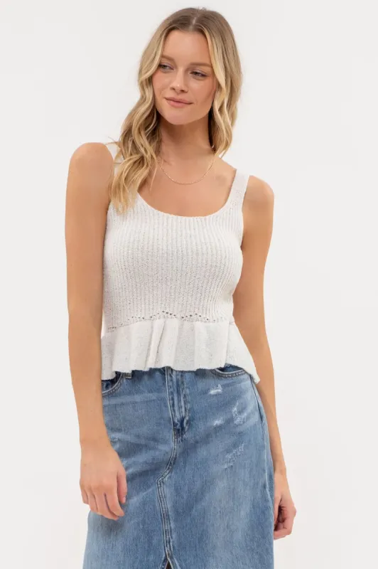 Mesh U-neckline Floral Asymmetrical Ruffle Trim Knotted Tank