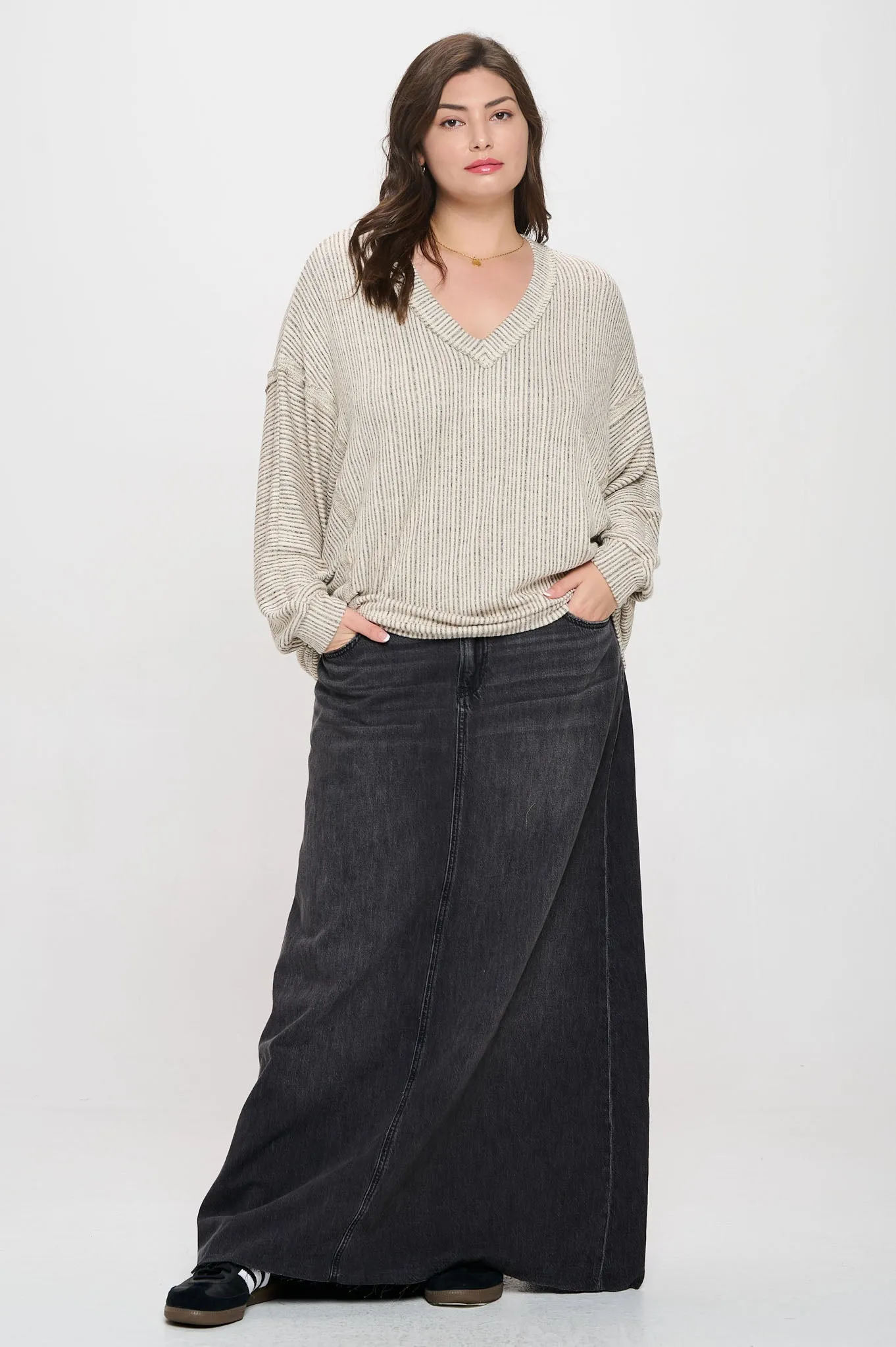 PLUS STRIPED DROP SHOULDER V NECK KNIT TOP sold by Blu Pepper product image thumbnail 5