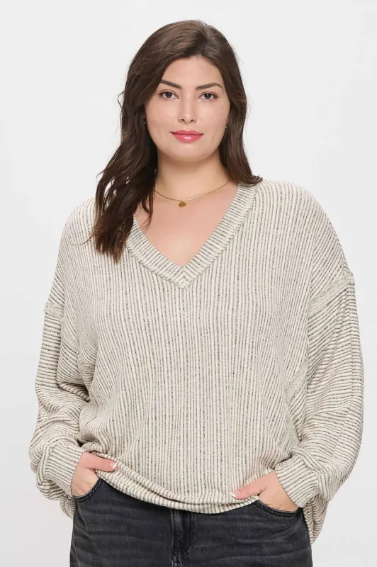 PLUS STRIPED DROP SHOULDER V NECK KNIT TOP sold by Blu Pepper