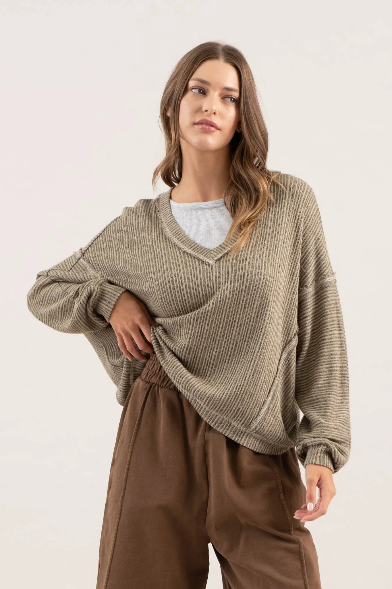 STRIPED DROP SHOULDER V NECK KNIT TOP sold by Blu Pepper product image thumbnail 4