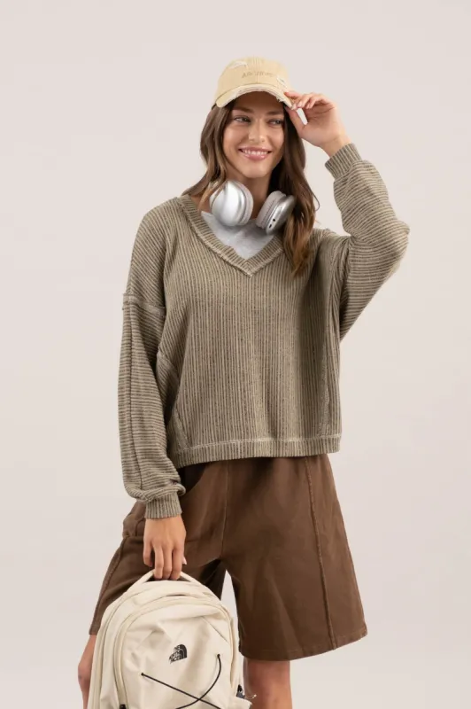 STRIPED DROP SHOULDER V NECK KNIT TOP sold by Blu Pepper