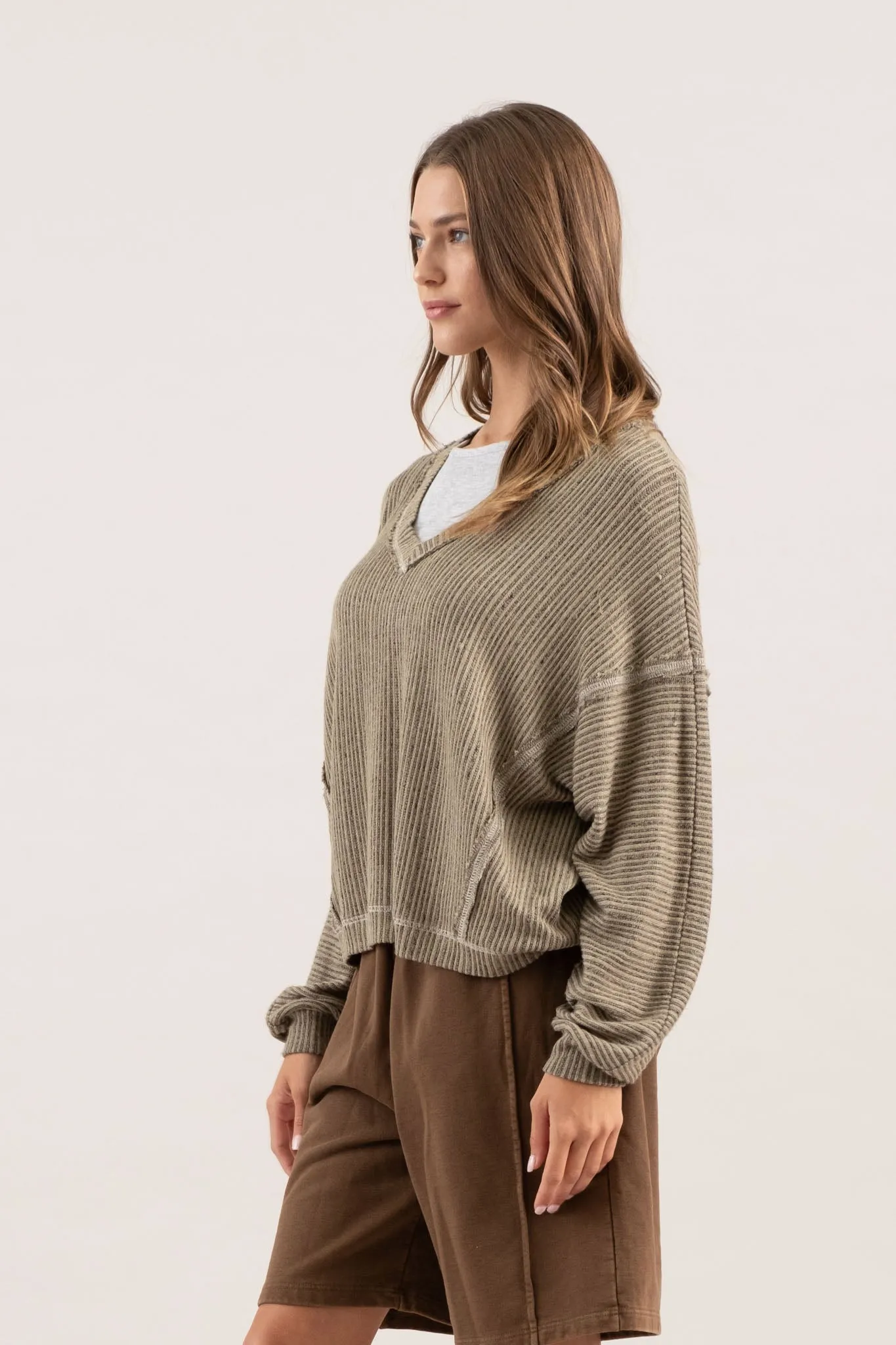 STRIPED DROP SHOULDER V NECK KNIT TOP sold by Blu Pepper product image thumbnail 3