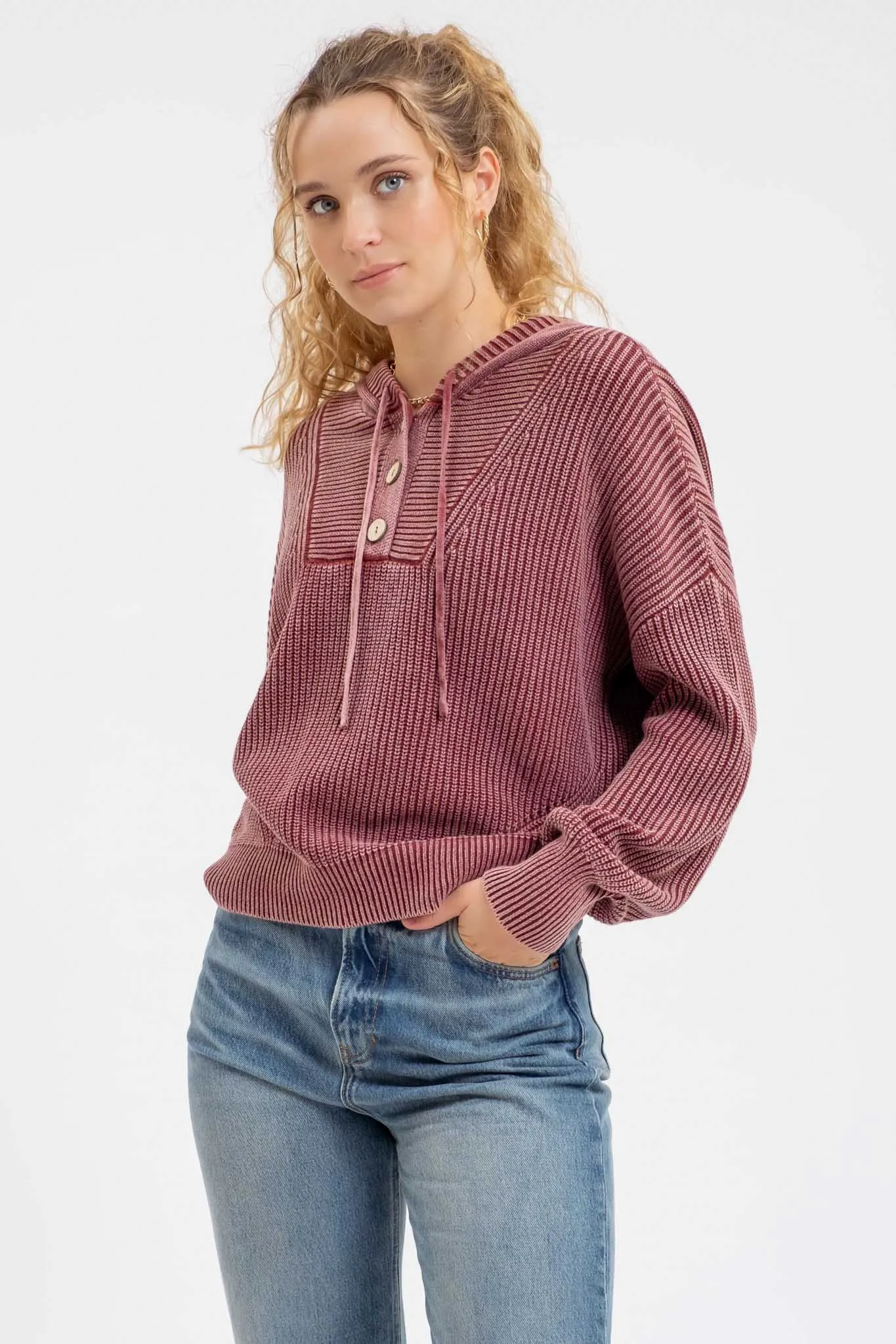HOODED HENLEY KNIT SWEATSHIRT sold by Blu Pepper product image thumbnail 3