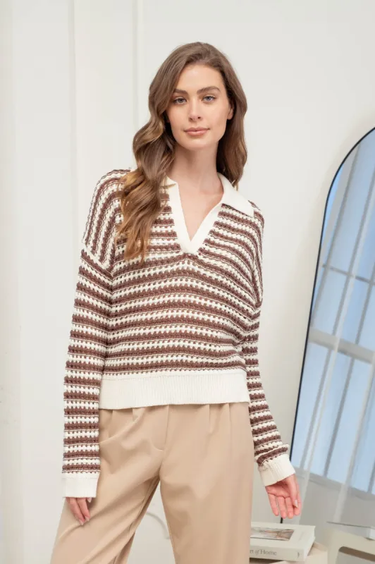 STRIPE COLLARED LONG SLEEVE CROCHET KNIT SWEATER sold by Blu Pepper
