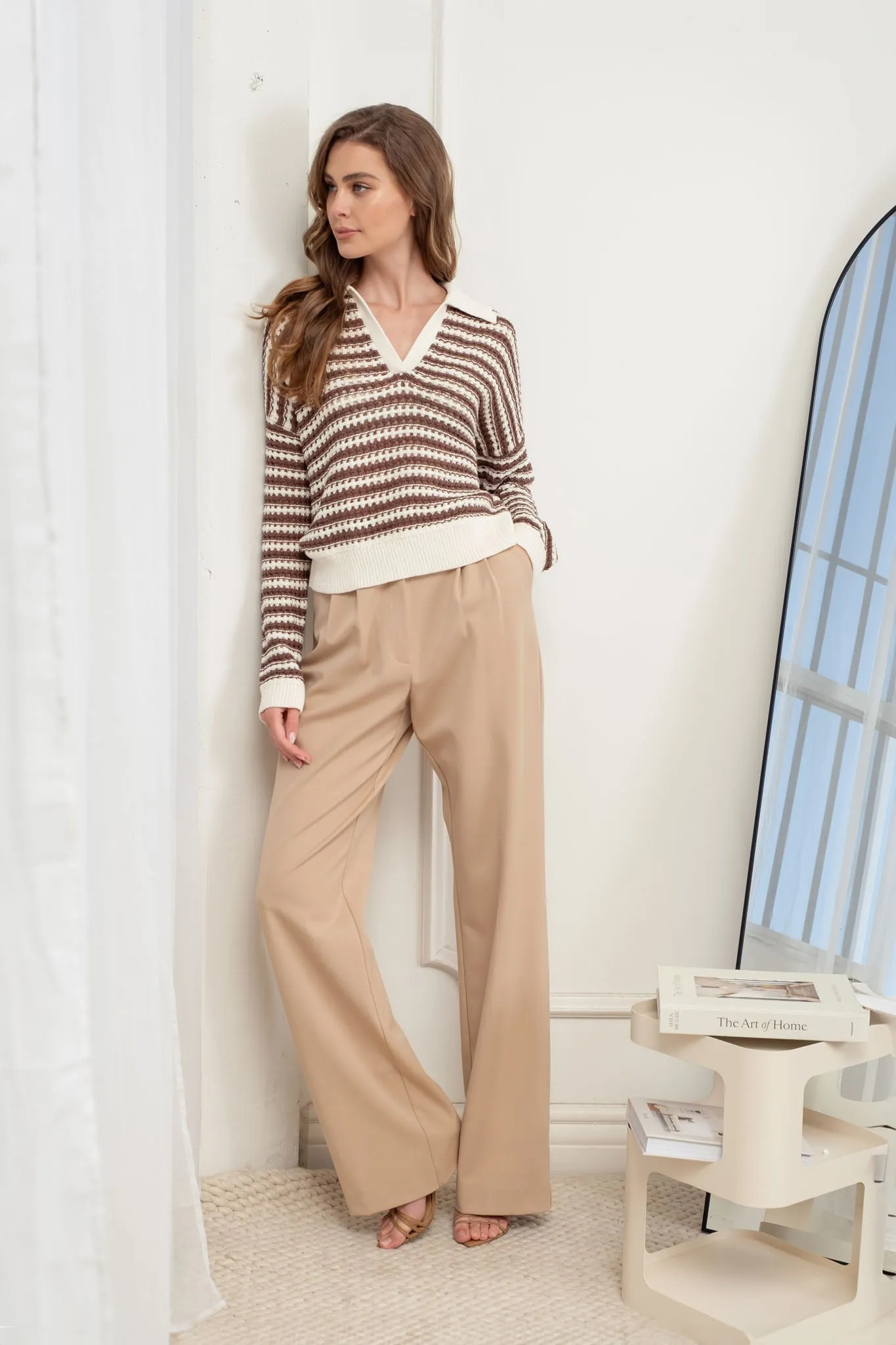 STRIPE COLLARED LONG SLEEVE CROCHET KNIT SWEATER sold by Blu Pepper product image thumbnail 3