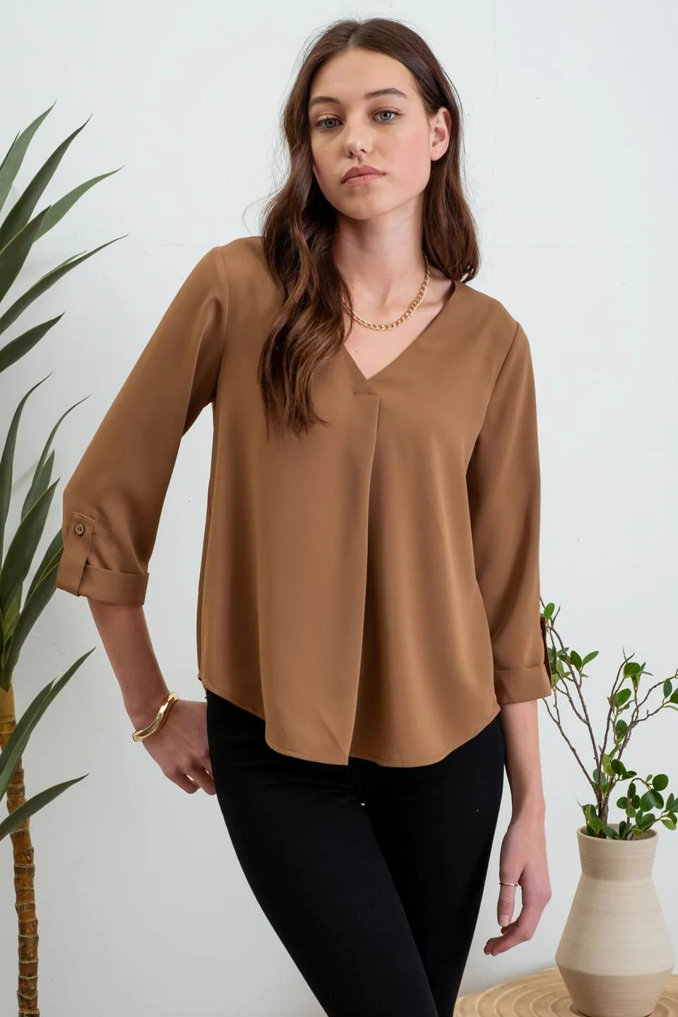 SOLID V NECK 3/4 TAB SLEEVE BLOUSE sold by Blu Pepper product image thumbnail 4