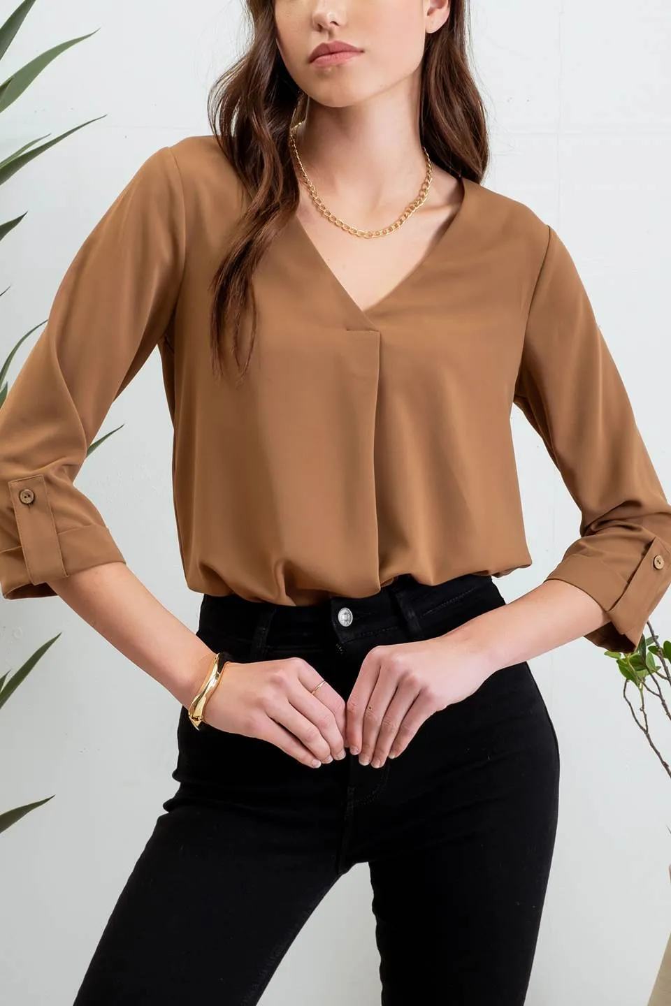SOLID V NECK 3/4 TAB SLEEVE BLOUSE sold by Blu Pepper