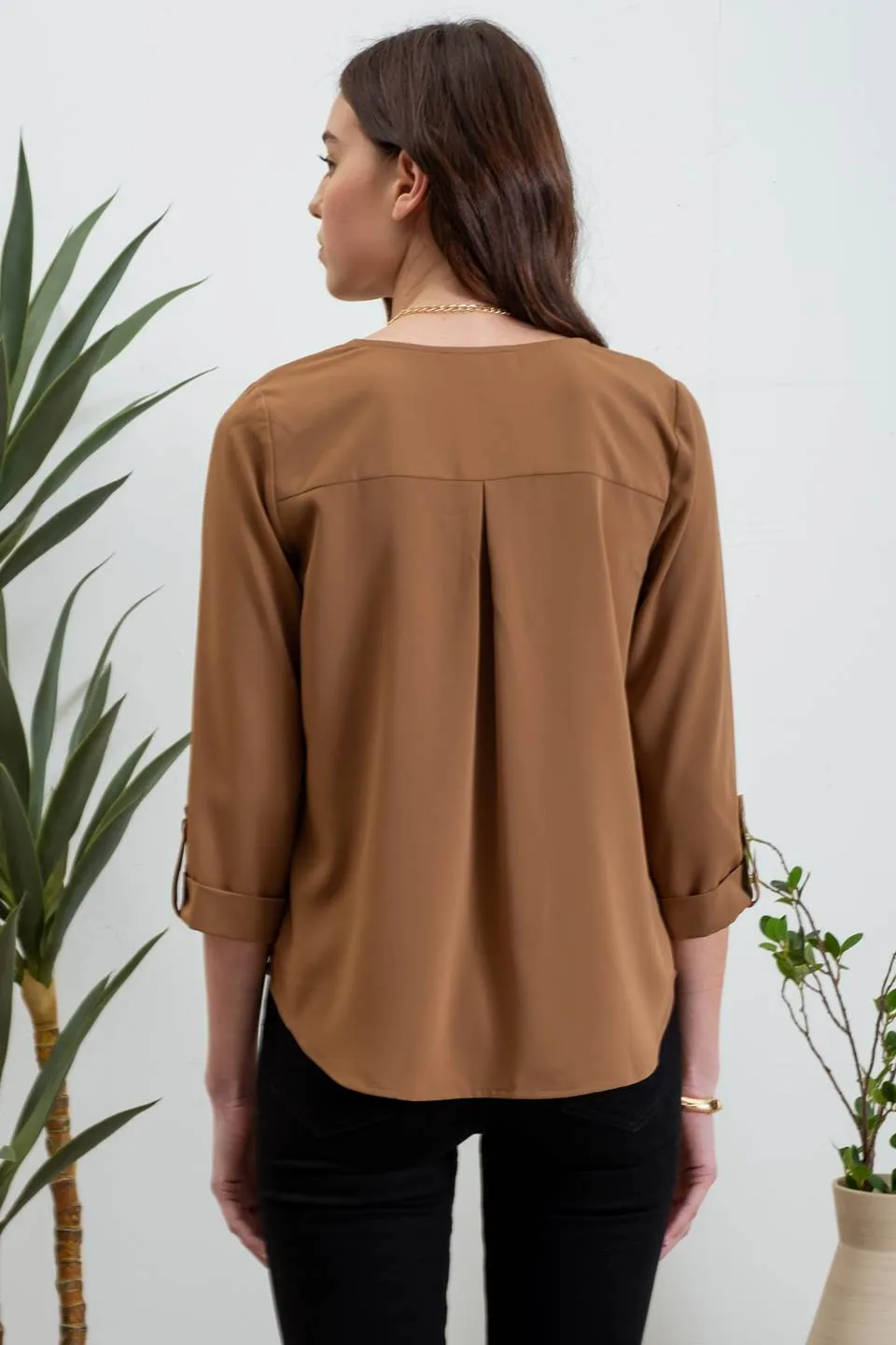 SOLID V NECK 3/4 TAB SLEEVE BLOUSE sold by Blu Pepper product image thumbnail 2
