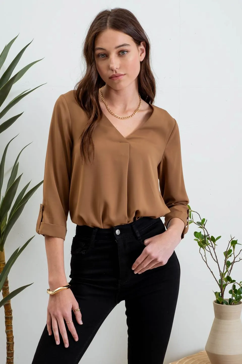 SOLID V NECK 3/4 TAB SLEEVE BLOUSE sold by Blu Pepper product image thumbnail 5