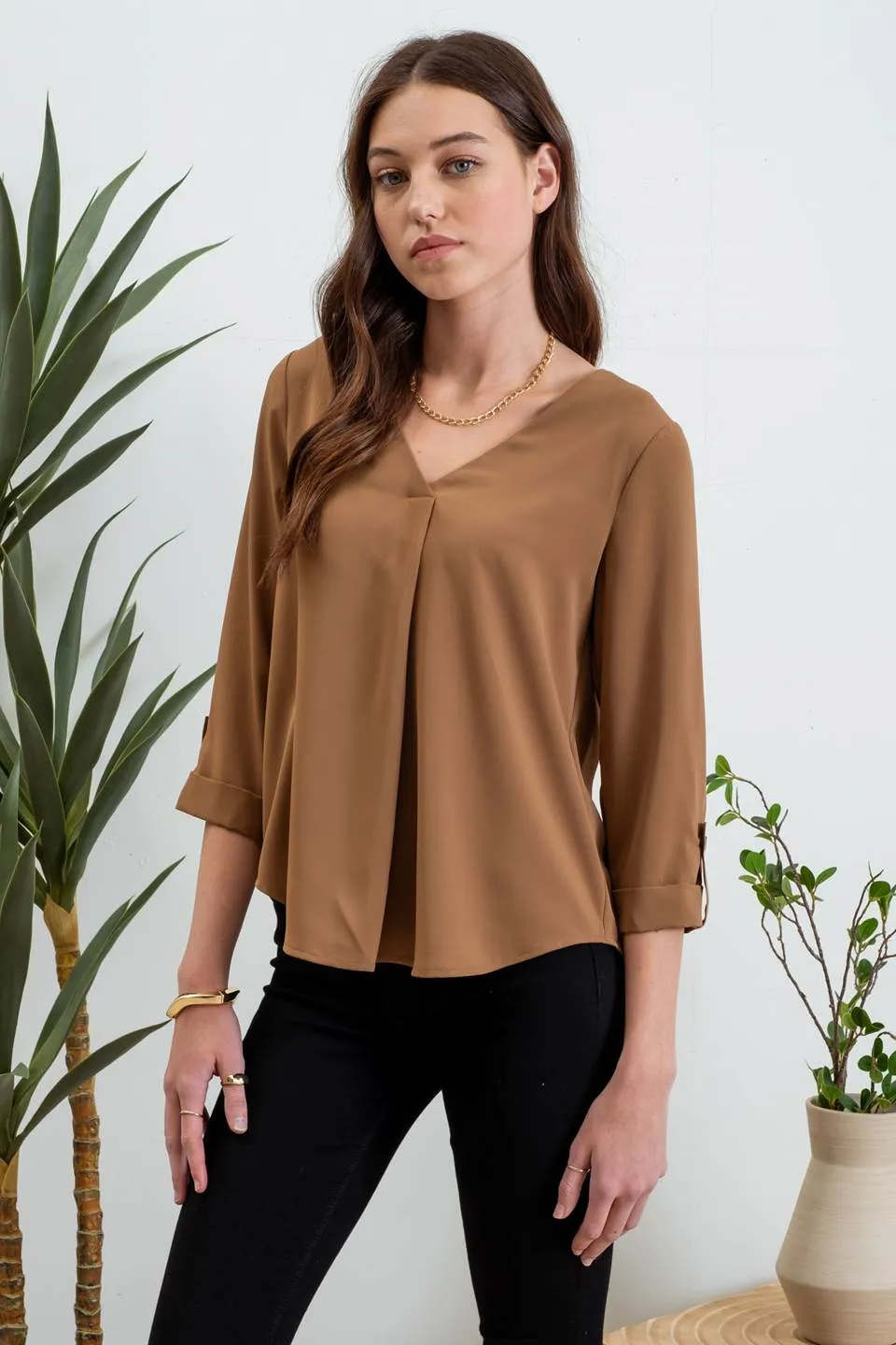 SOLID V NECK 3/4 TAB SLEEVE BLOUSE sold by Blu Pepper product image thumbnail 3