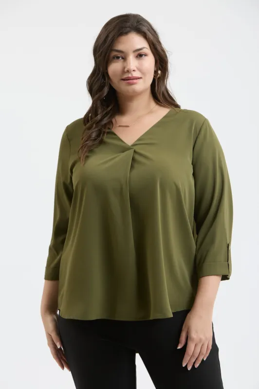 PLUS SOLID V NECK 3/4 TAB SLEEVE BLOUSE sold by Blu Pepper