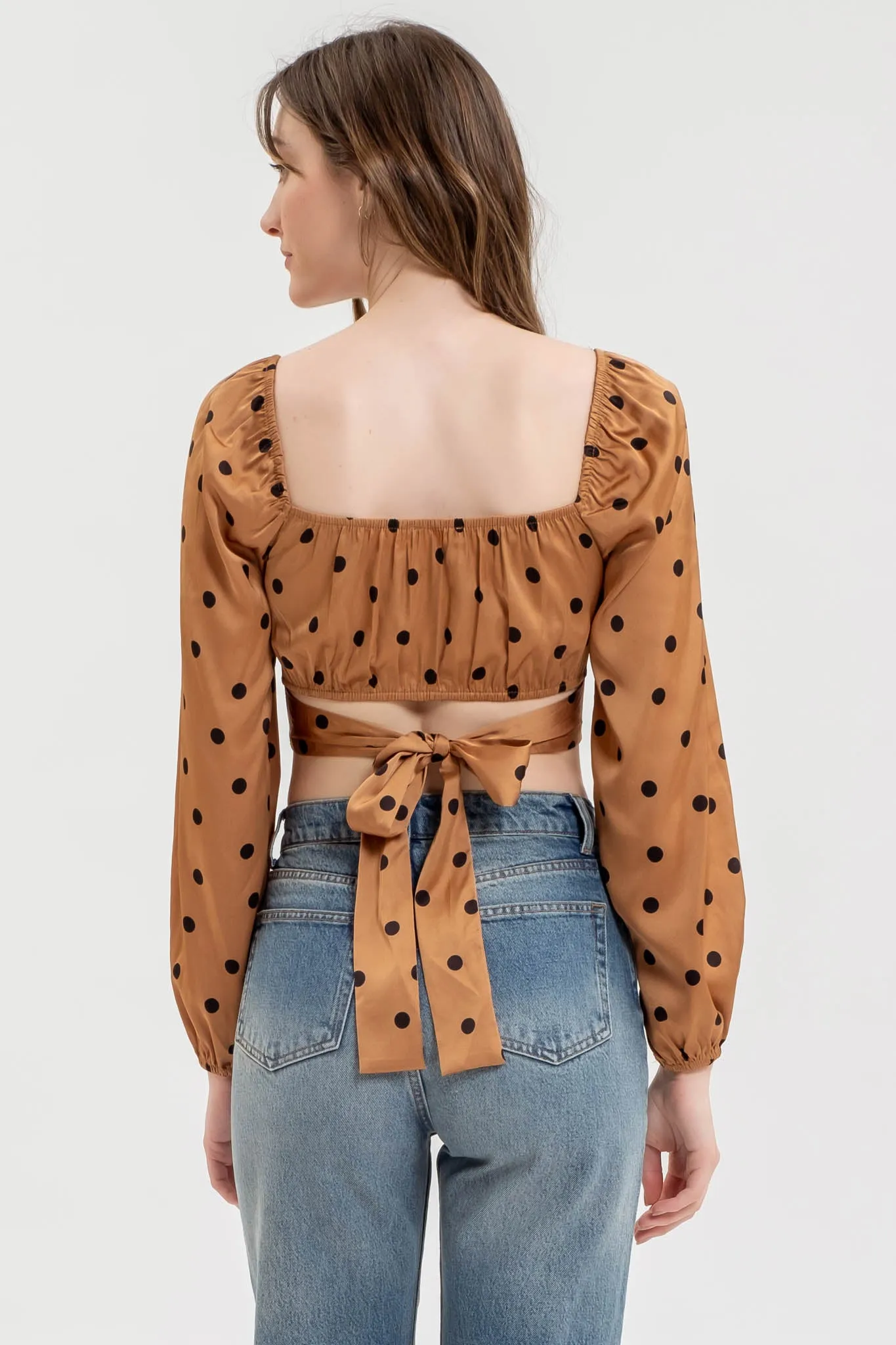 POLKA DOT LONG SLEEVE BACK TIE CORSET CROP TOP sold by Blu Pepper product image thumbnail 2
