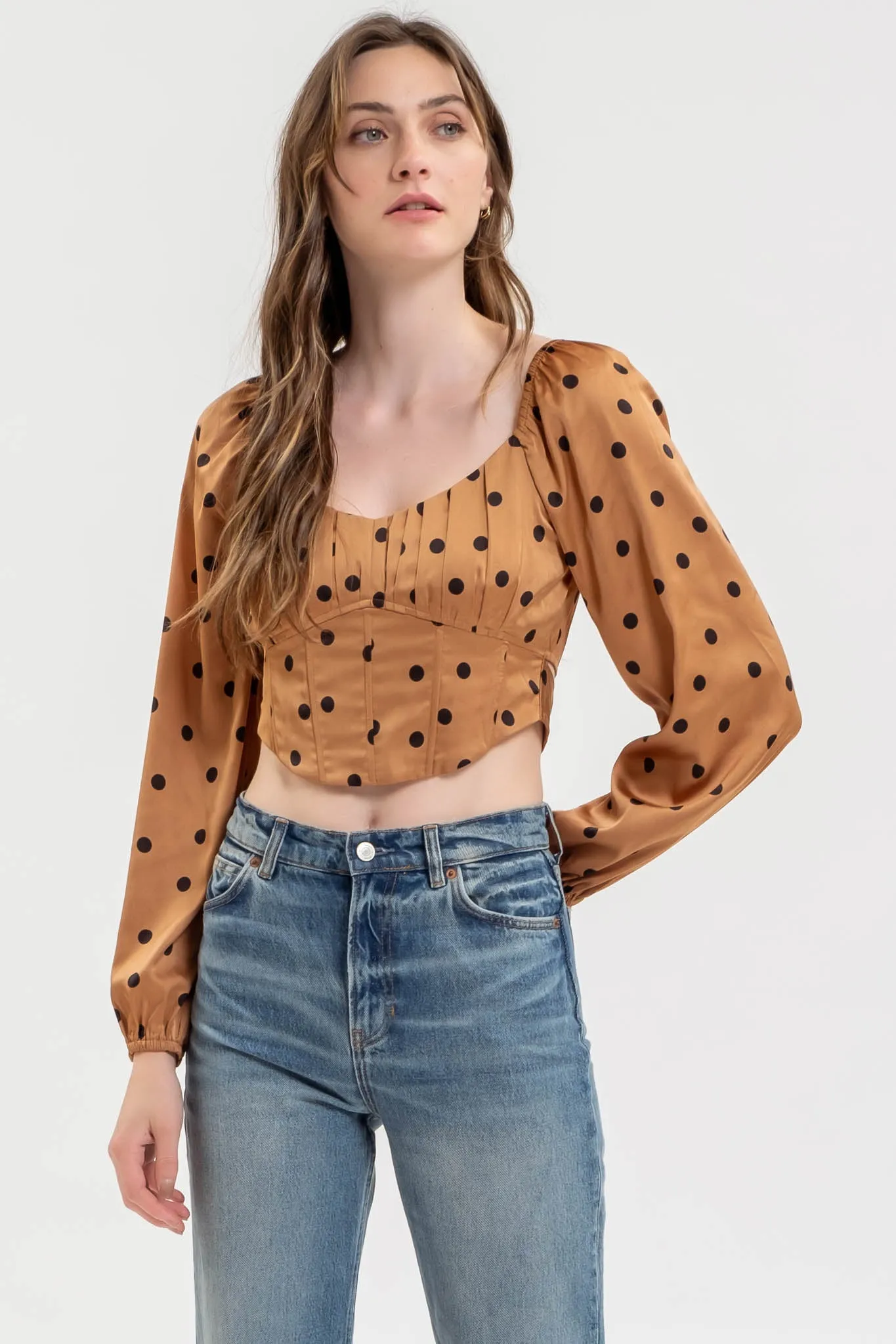 POLKA DOT LONG SLEEVE BACK TIE CORSET CROP TOP sold by Blu Pepper product image thumbnail 4