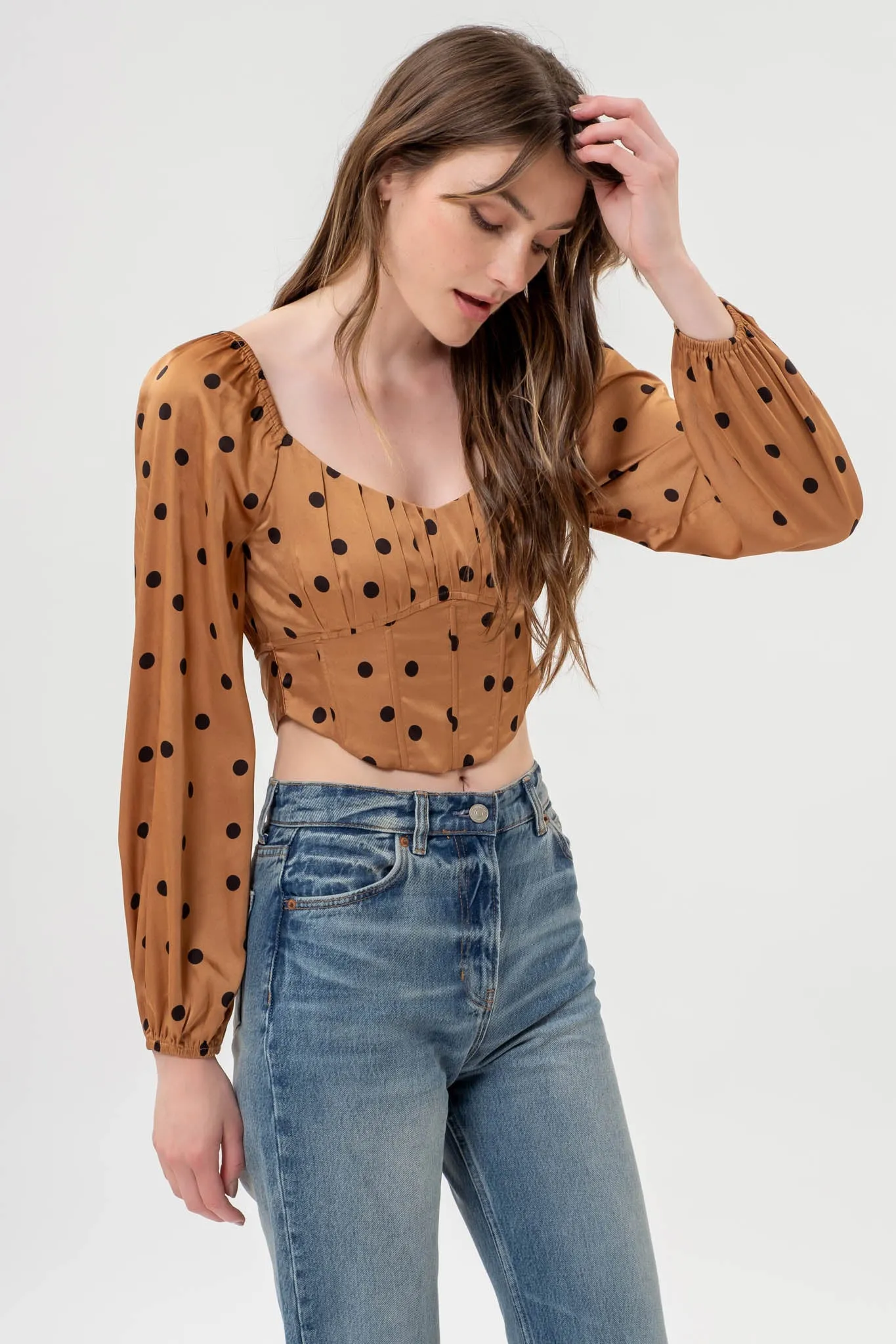 POLKA DOT LONG SLEEVE BACK TIE CORSET CROP TOP sold by Blu Pepper