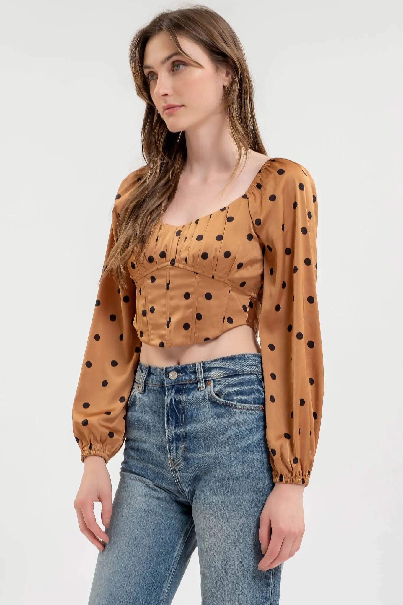 POLKA DOT LONG SLEEVE BACK TIE CORSET CROP TOP sold by Blu Pepper product image thumbnail 3