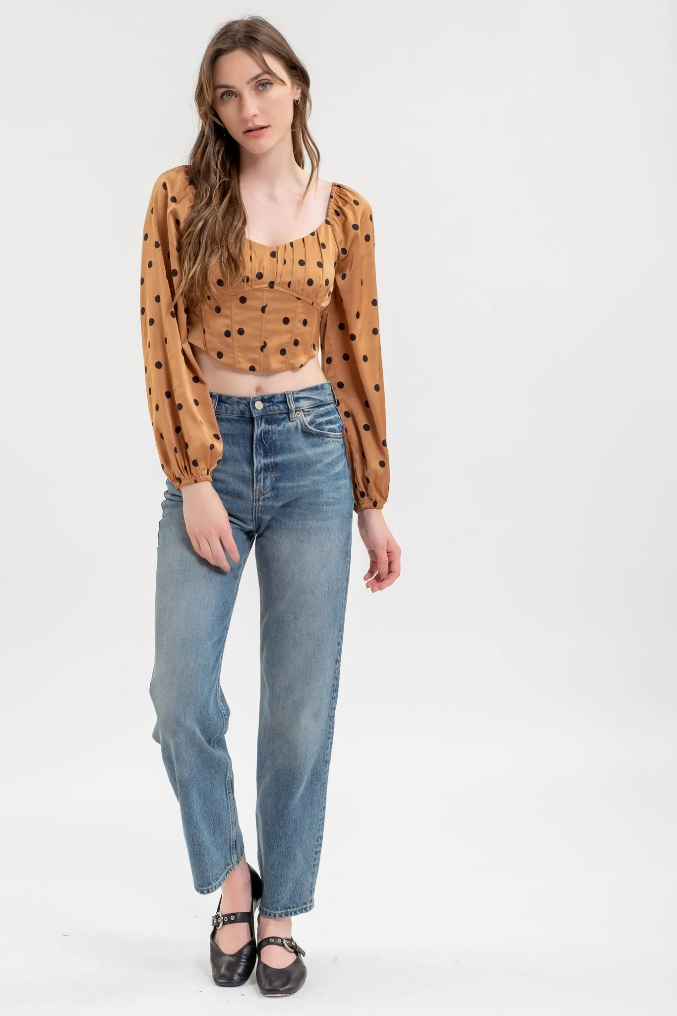 POLKA DOT LONG SLEEVE BACK TIE CORSET CROP TOP sold by Blu Pepper product image thumbnail 5