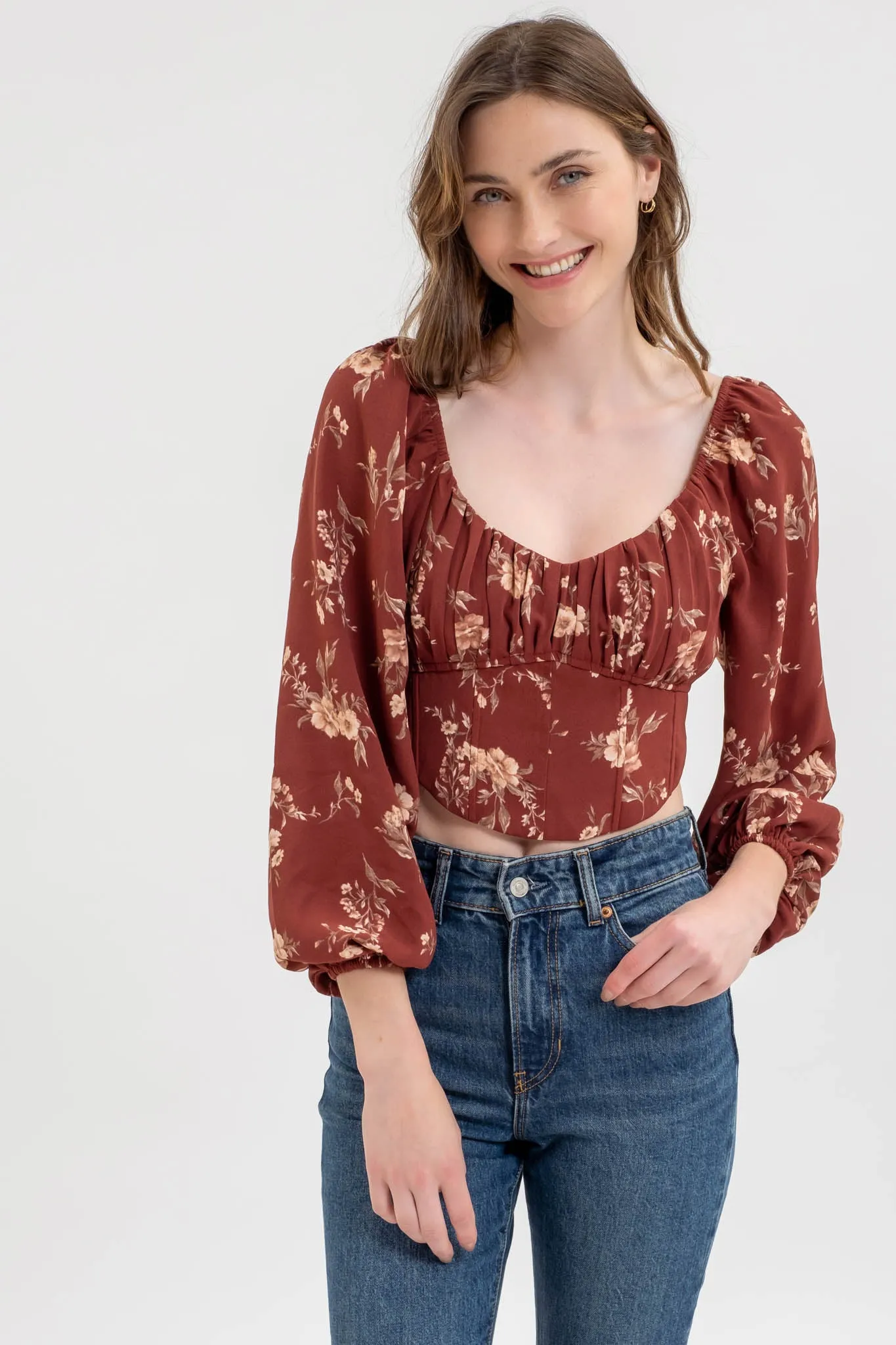 FLORAL LONG SLEEVE BACK TIE CORSET CROP TOP sold by Blu Pepper