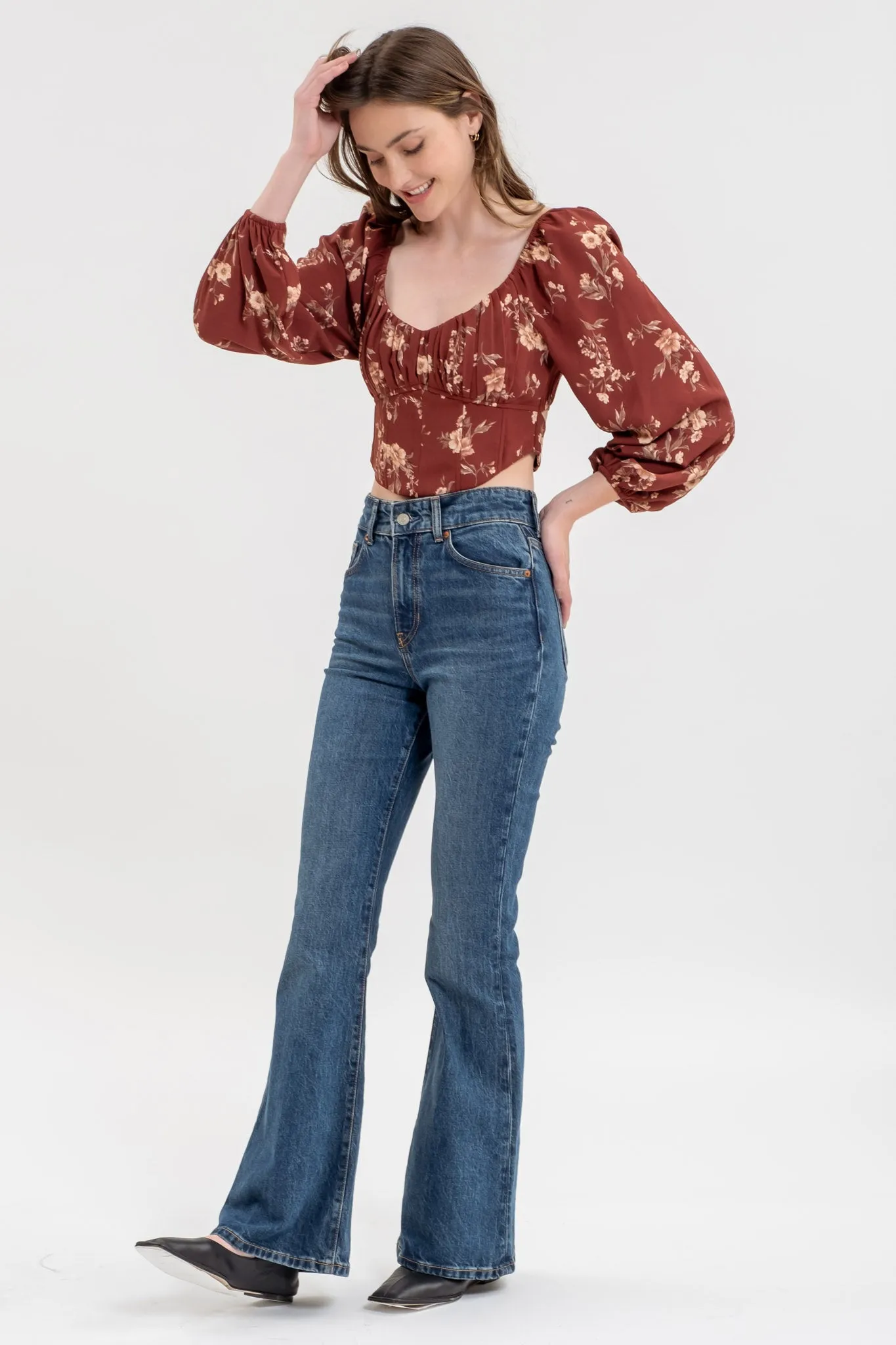 FLORAL LONG SLEEVE BACK TIE CORSET CROP TOP sold by Blu Pepper product image thumbnail 3