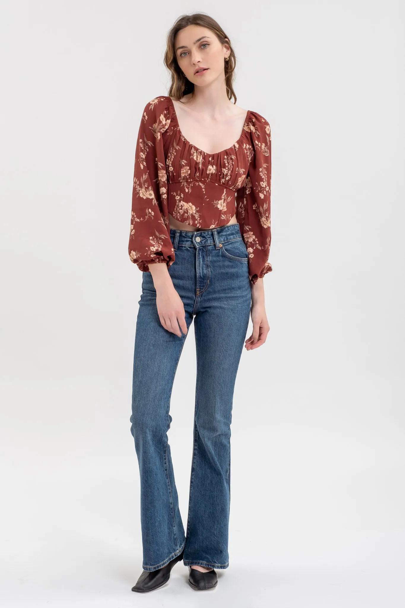 FLORAL LONG SLEEVE BACK TIE CORSET CROP TOP sold by Blu Pepper product image thumbnail 5