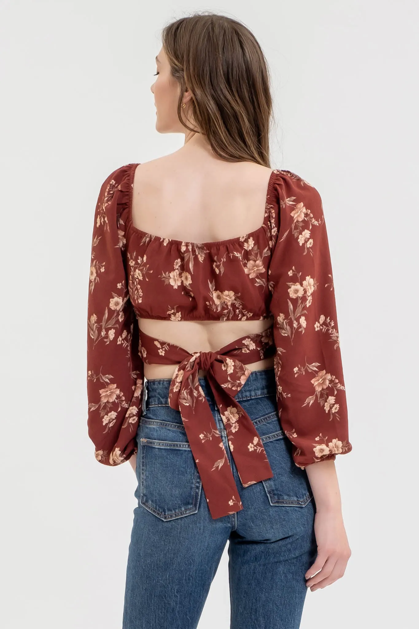 FLORAL LONG SLEEVE BACK TIE CORSET CROP TOP sold by Blu Pepper product image thumbnail 2