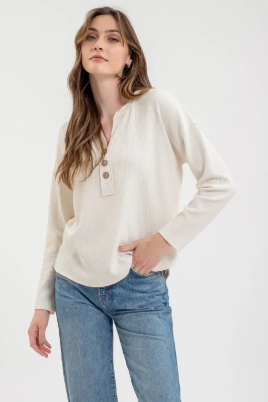 HALF BUTTON V NECK LONG SLEEVE KNIT TOP sold by Blu Pepper