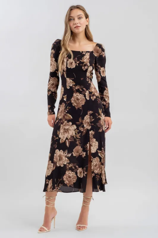 FLORAL SQUARE NECK LONG SLEEVE MIDI DRESS sold by Blu Pepper
