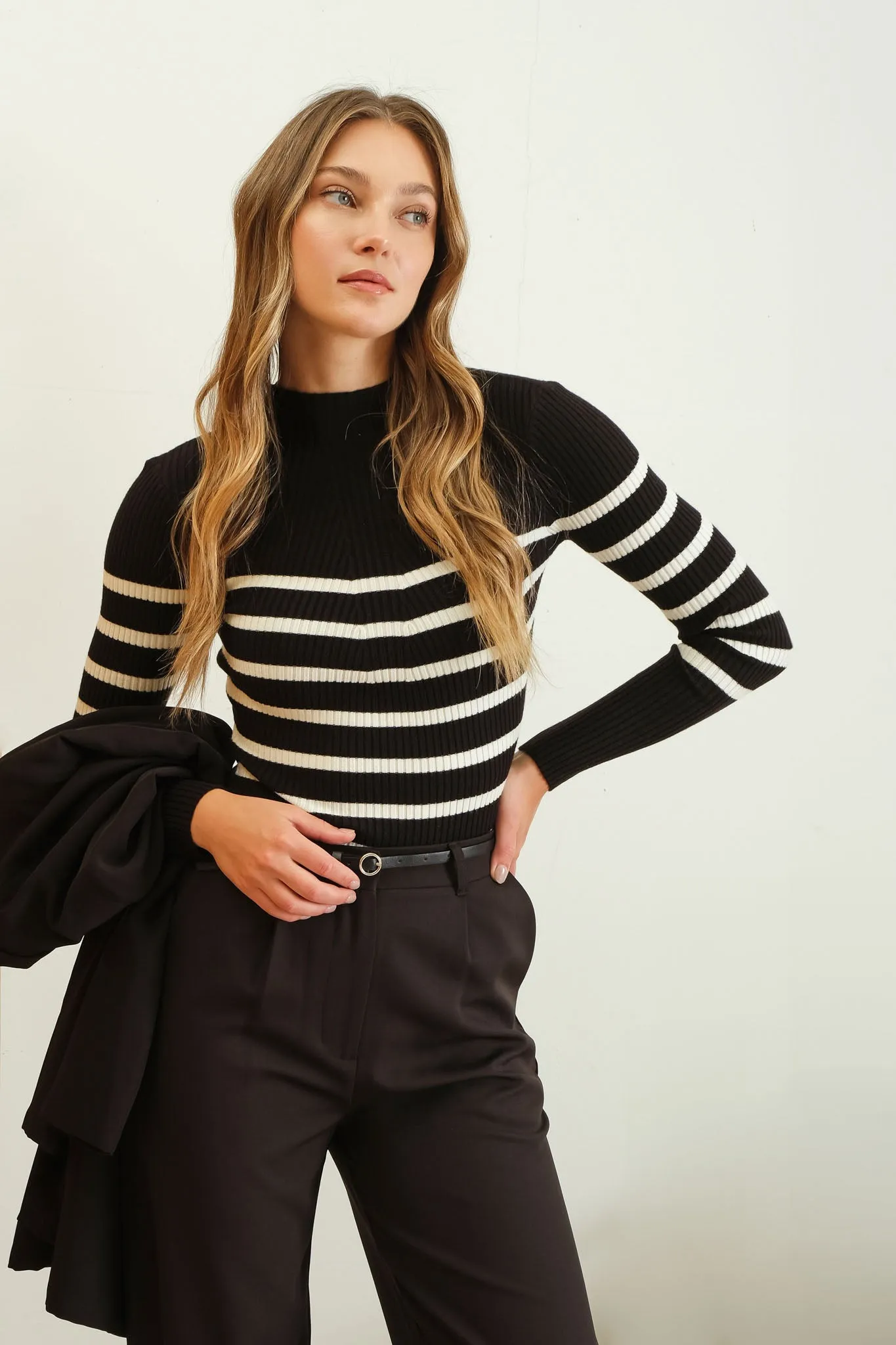 STRIPE MOCK NECK LONG SLEEVE KNIT SWEATER sold by Blu Pepper