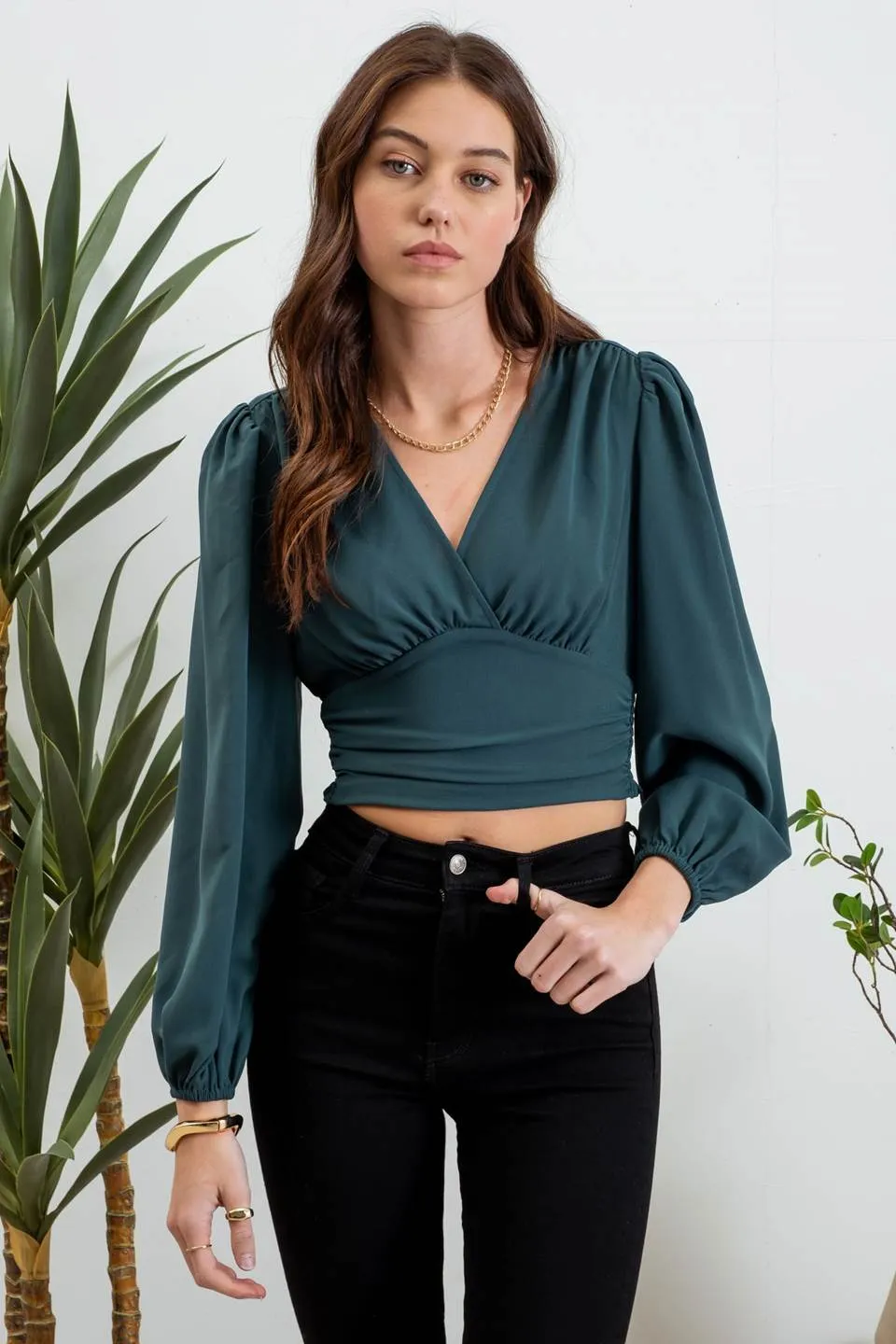 WRAP LONG SLEEVE RUCHED CROP TOP sold by Blu Pepper product image thumbnail 5