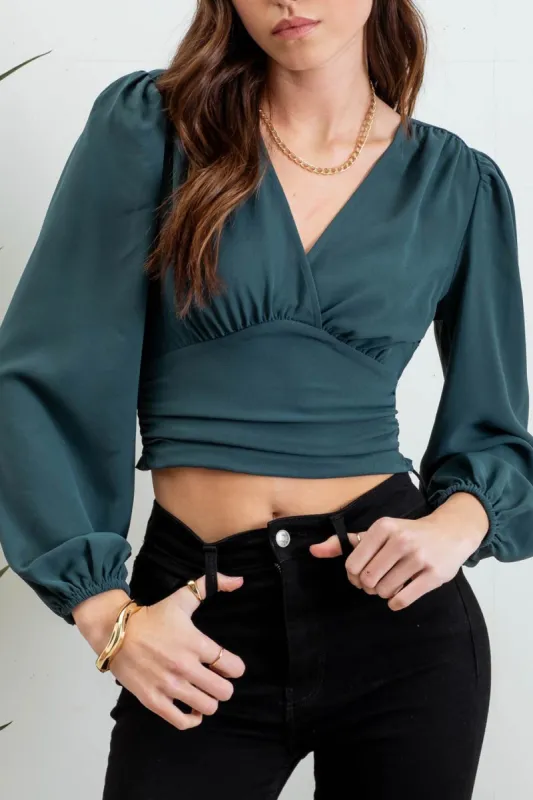 WRAP LONG SLEEVE RUCHED CROP TOP sold by Blu Pepper
