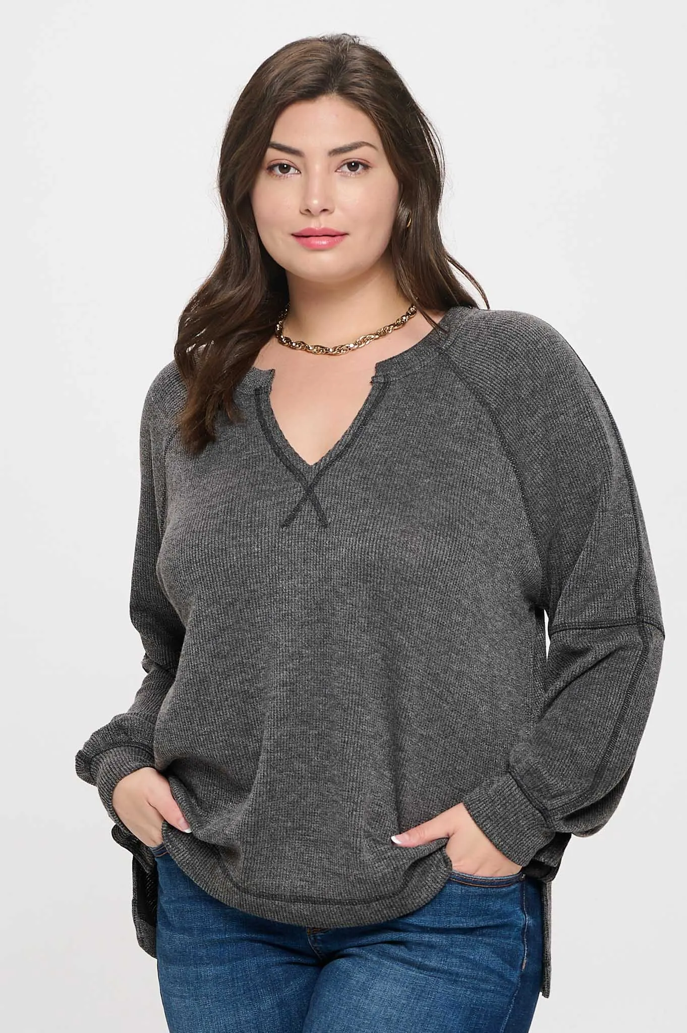 PLUS SPLIT NECK LONG EXTENDED SLEEVE RAGLAN KNIT TOP sold by Blu Pepper