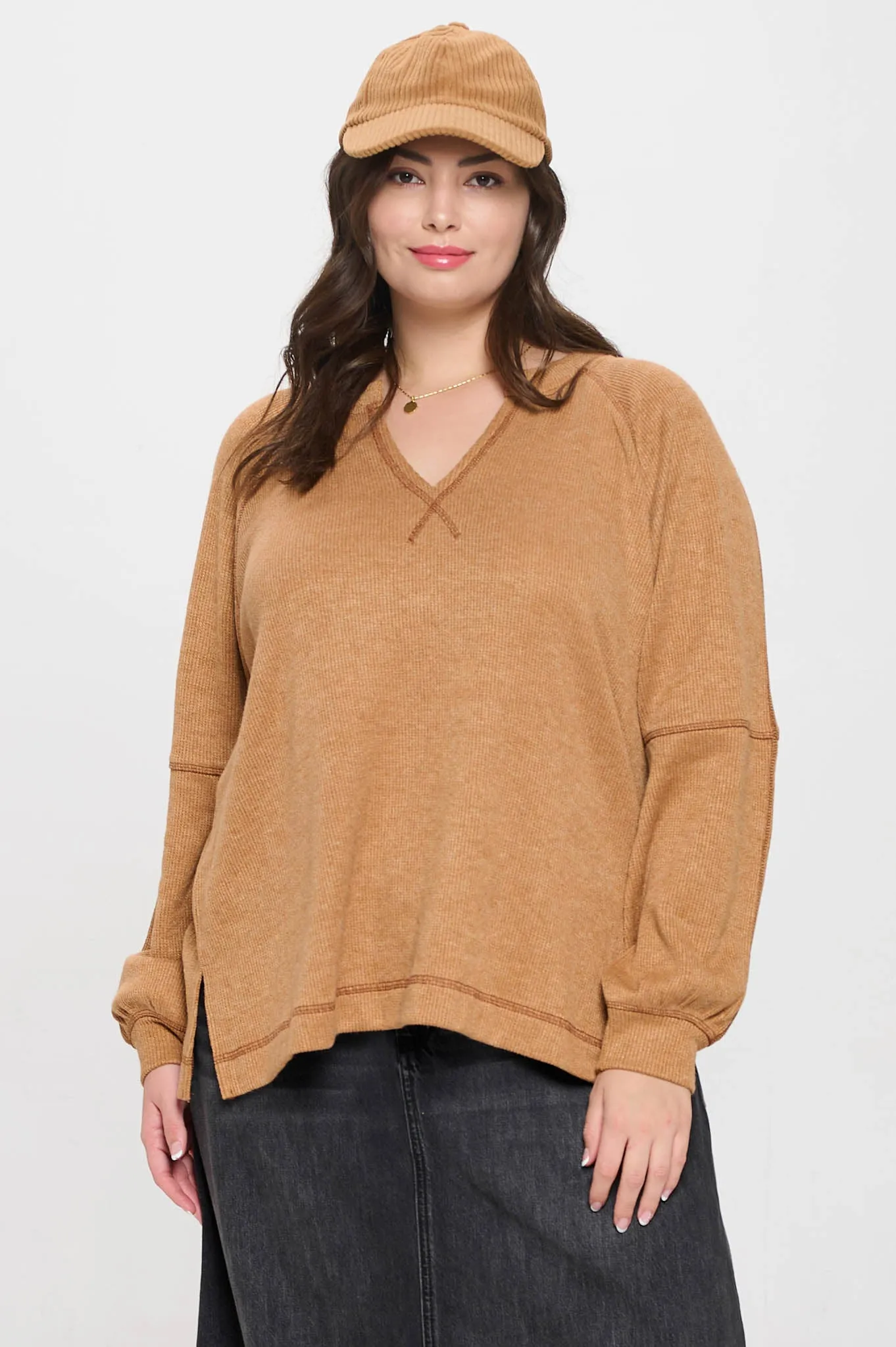 PLUS SPLIT NECK LONG EXTENDED SLEEVE RAGLAN KNIT TOP sold by Blu Pepper product image thumbnail 5