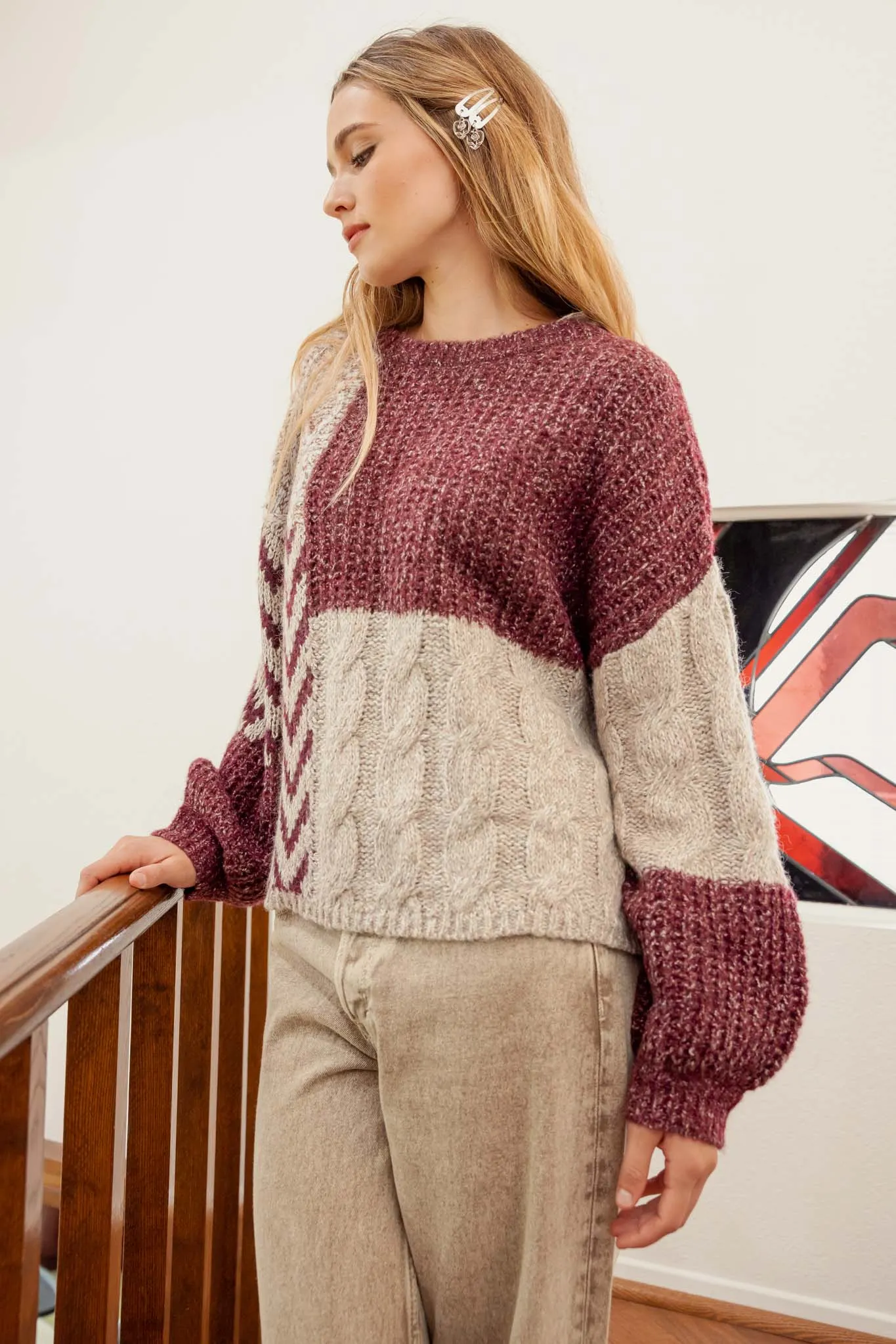 COLORBLOCK CHEVRON CABLE KNIT SWEATER sold by Blu Pepper product image thumbnail 4