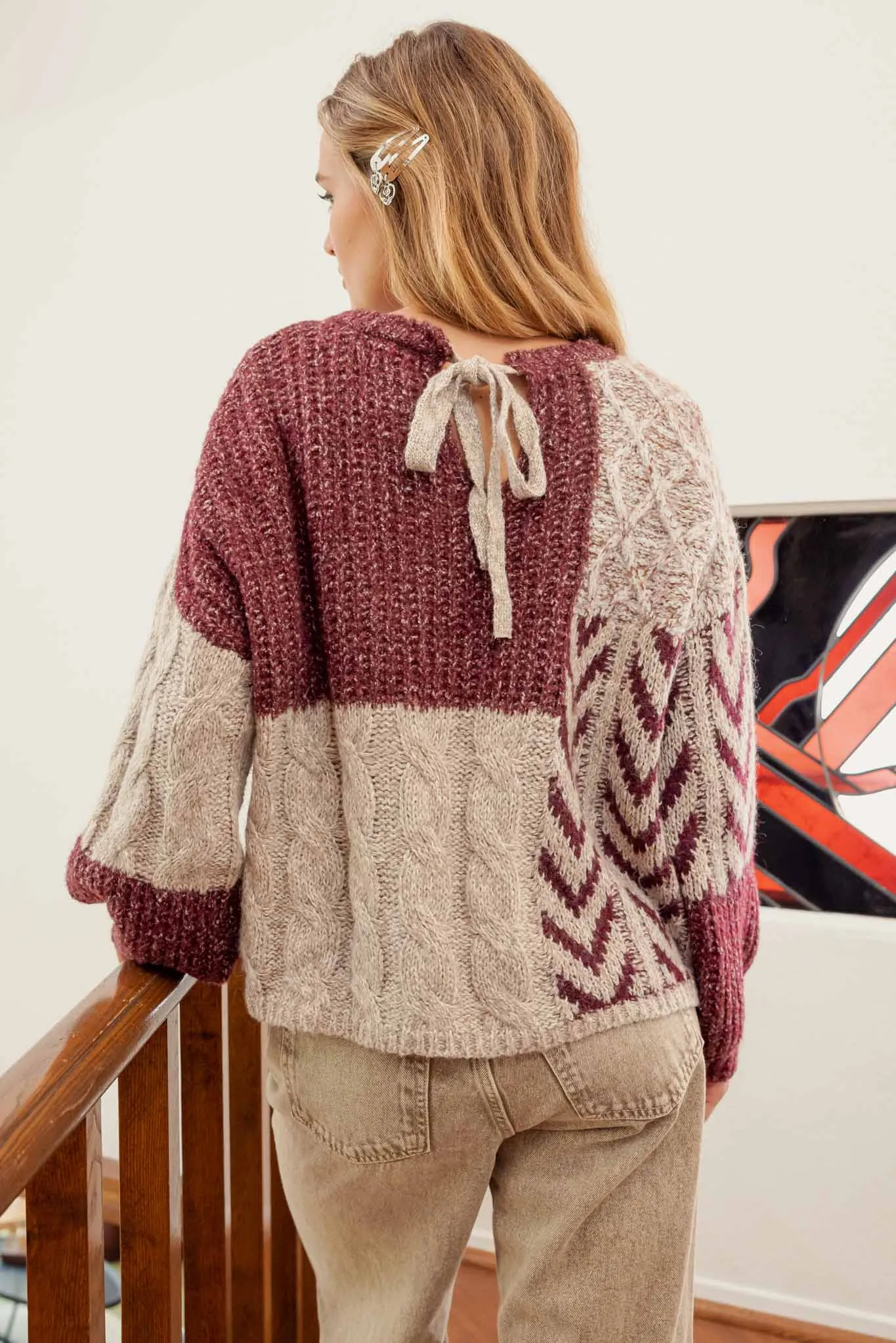 COLORBLOCK CHEVRON CABLE KNIT SWEATER sold by Blu Pepper product image thumbnail 2